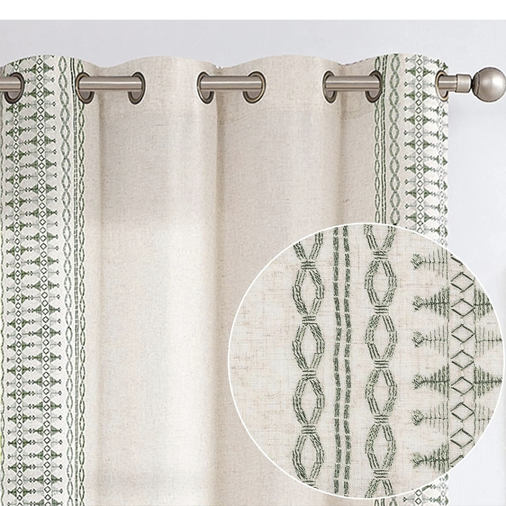 Boho Curtains - 63" Linen Curtains Green Embroidered Bordered Window Curtains